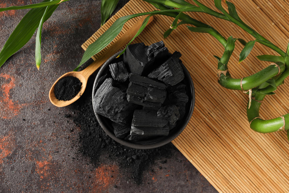 Top down view of a hardwood charcoal in Malaysia on a Wooden board